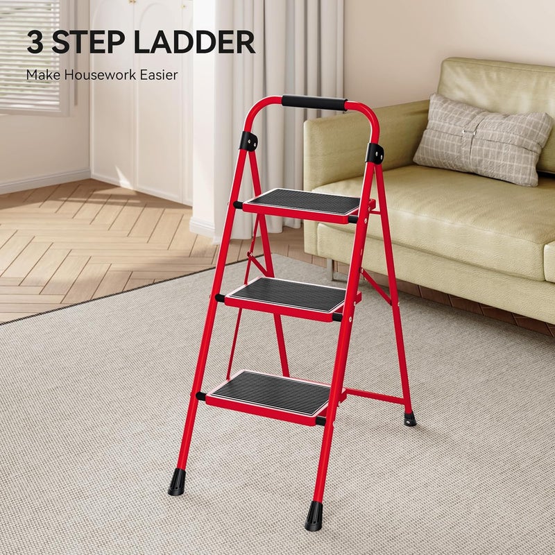 KINGRACK 3 Step Ladder, Folding Step Stool with Anti-Slip and Wide Pedal, Lightweight Stepladder with Handrails, Portable for Kitchen, Household, Red - Image 3